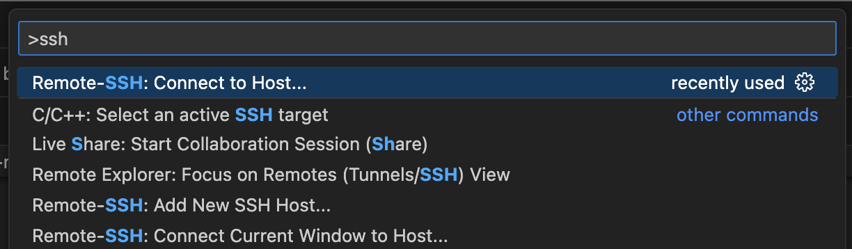 The VSCode command Palette showing the Remote-SSH connection option